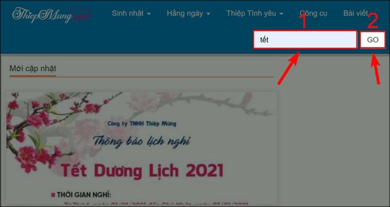Mở thiepmung.com và nhập từ Tết vào ô tìm kiếm