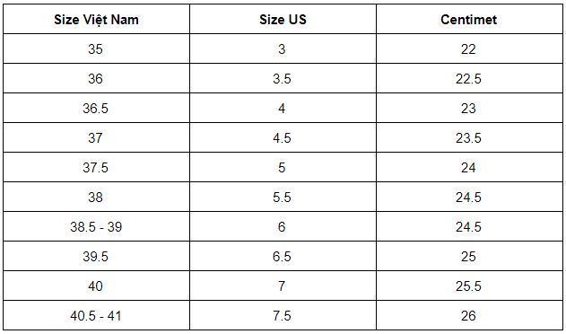 bảng size giày converse