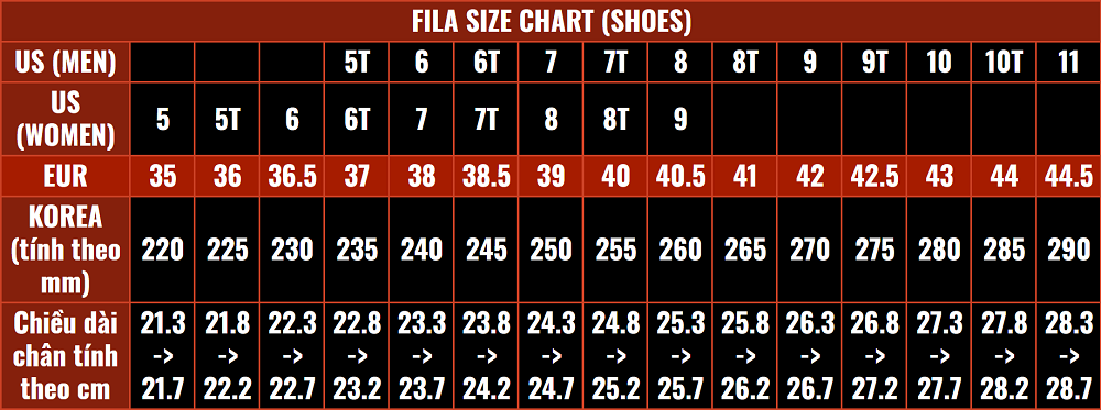 bảng size giày fila