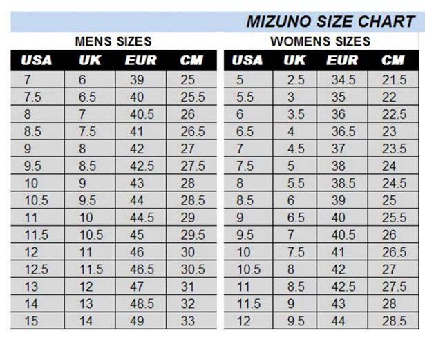 bảng size giày mizuno