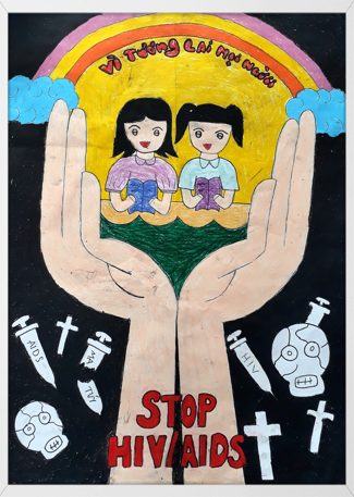 Tranh phòng chống HIV AIDS và bảo vệ trẻ em trong bàn tay của bạn