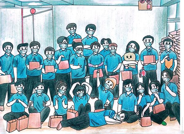 Vẽ Đoàn TNCS Hồ Chí Minh, thanh niên tình nguyện chuẩn bị quà cho gia đình khó khăn.