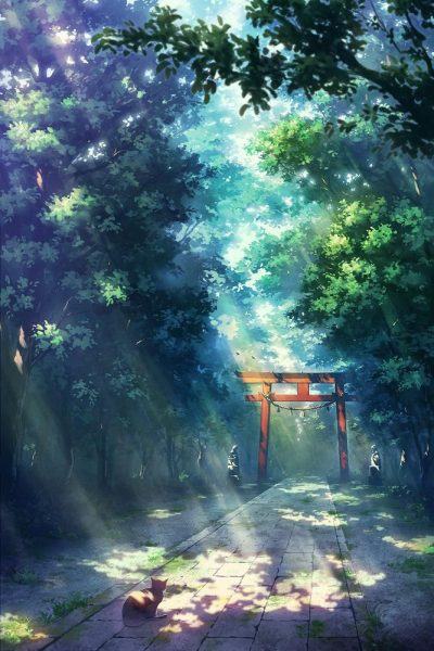 hình ảnh thiên nhiên anime cổng đền đỏ và rừng