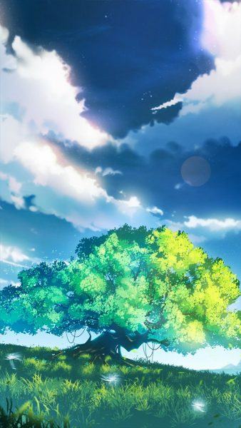 hình ảnh phong cảnh anime của cây cối và bầu trời trong xanh