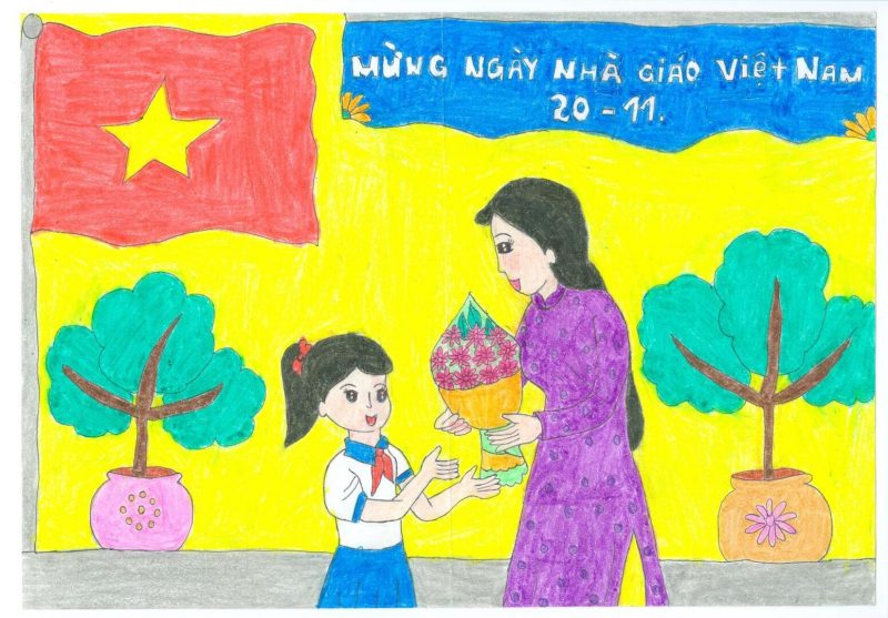 Chụp ảnh cô giáo Việt Nam mua hoa tặng cô