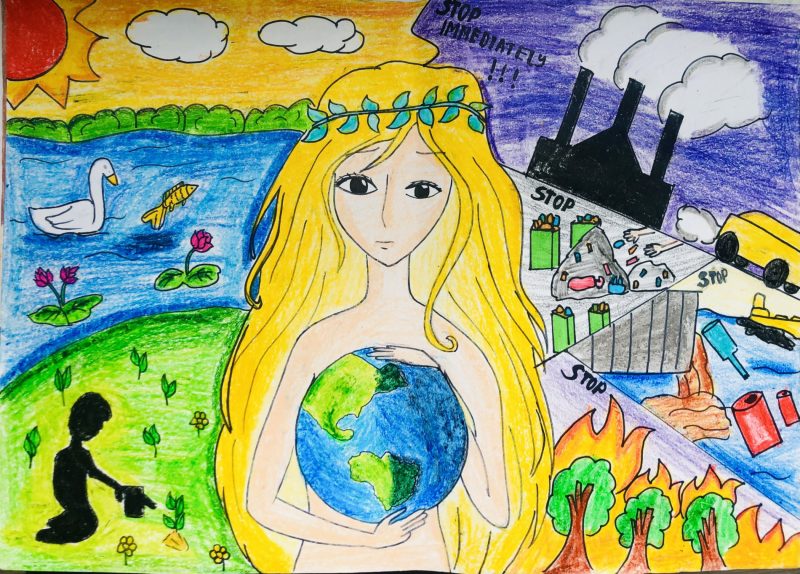 Vẽ ý tưởng của trẻ em để bảo vệ môi trường Mẹ thiên nhiên ôm lấy trái đất.