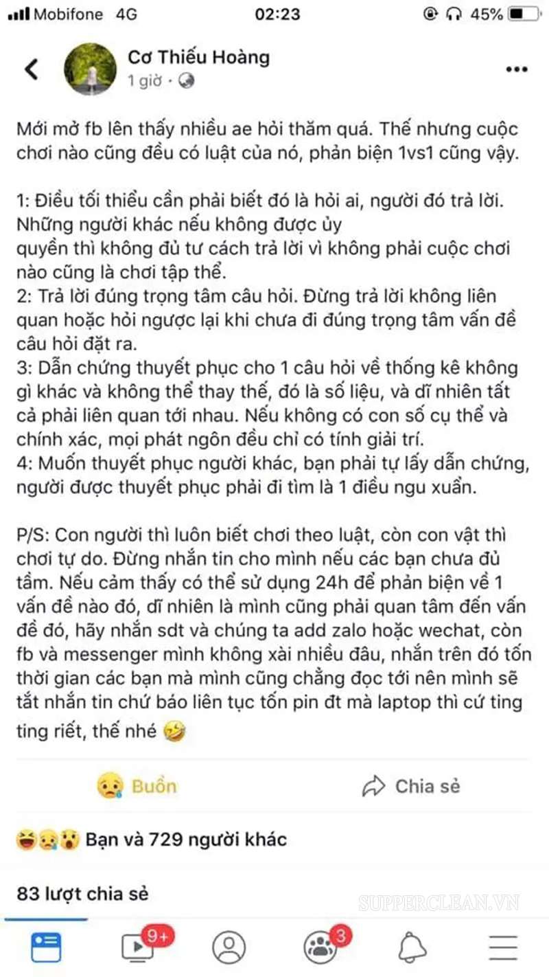 Bài đăng trên Facebook của Hoàng sau vụ việc
