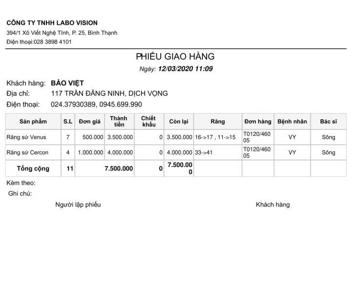 Mẫu phiếu giao hàng Labo Vision