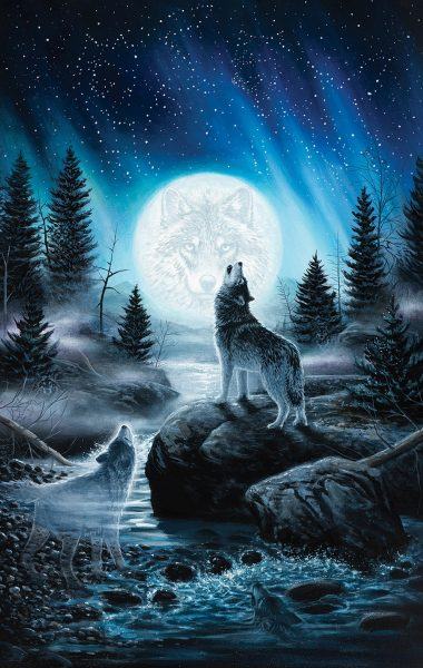 Một bức tranh rất đẹp về một con sói đơn độc dưới ánh trăng