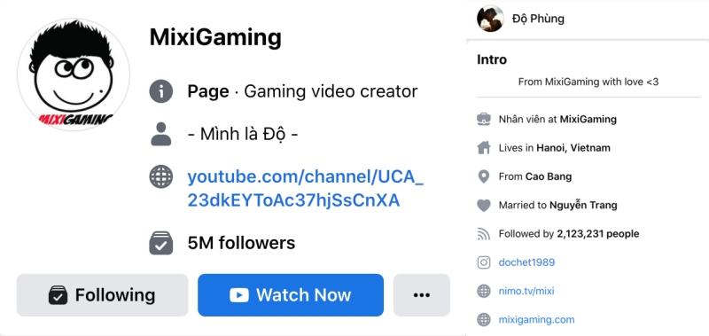 Lượt followers fanpage, trang cá nhân Độ Mixi Gaming Phùng Thanh Độ