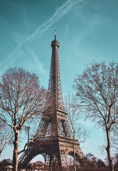 Hình ảnh tháp Eiffel với những tán cây đang nở hoa