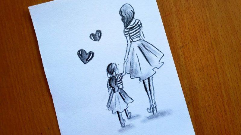 Vẽ mẹ và con gái dễ thương, tranh vẽ mẹ và con gái bằng bút chì