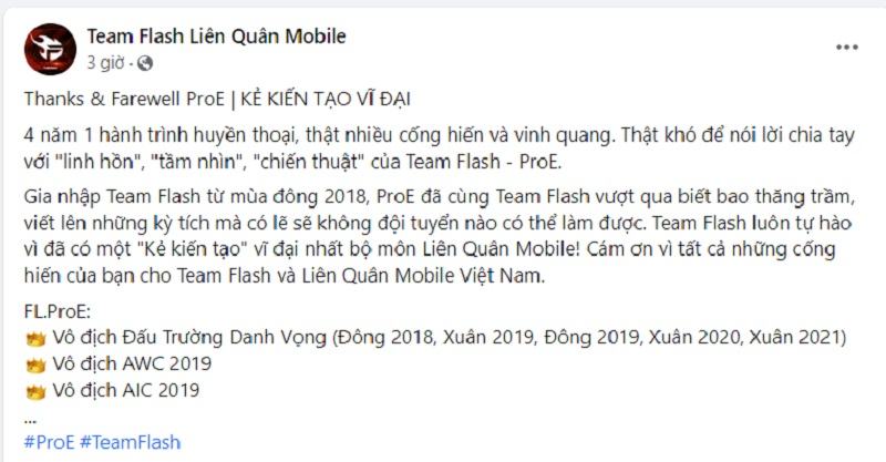 Liên Quân Mobile: ProE đã chính thức rời Team Flash