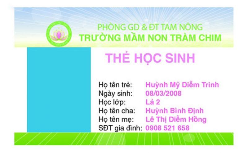 Mẫu thẻ học sinh mẫu giáo đơn giản