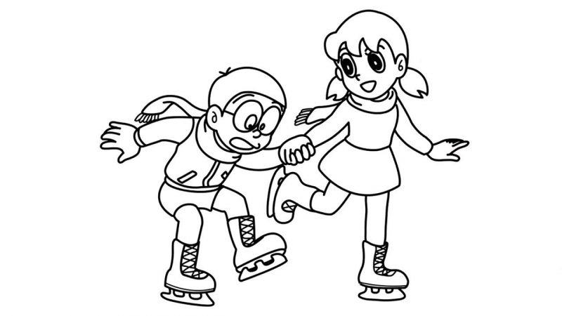 Tranh tô màu Nobita trượt băng
