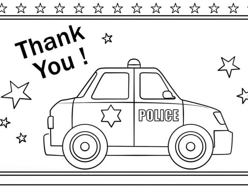 Tranh tô màu xe cảnh sát và thư cảm ơn