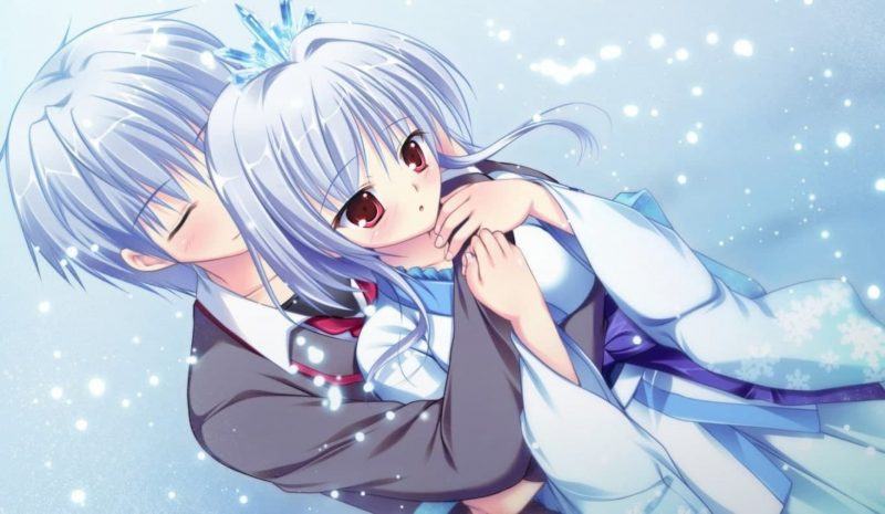 hình ảnh ôm người yêu anime dưới bầu trời đầy tuyết