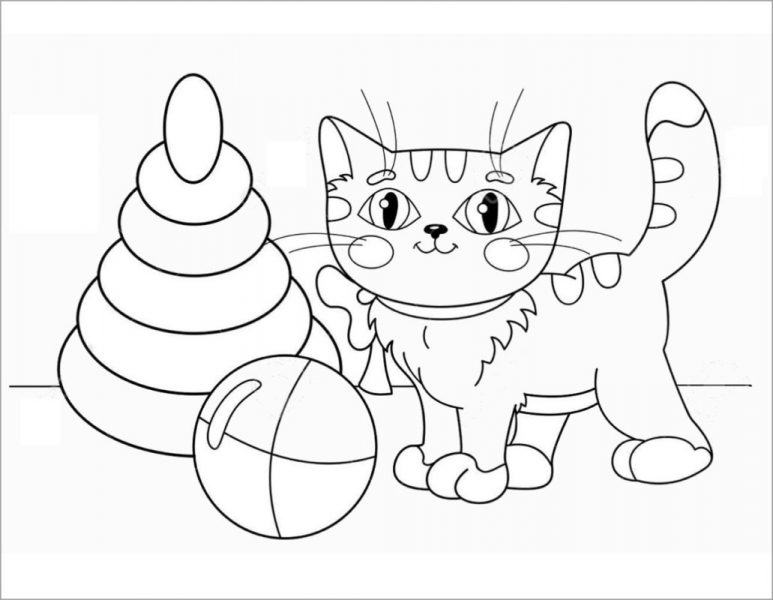 Hình ảnh hoạt hình của một con mèo chơi với một quả bóng