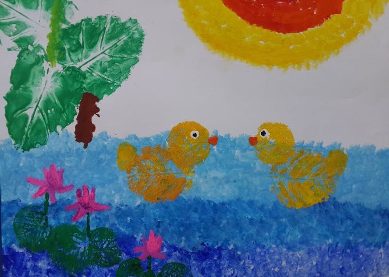 Cách vẽ hoa lá 2 chú vịt bơi dưới sông