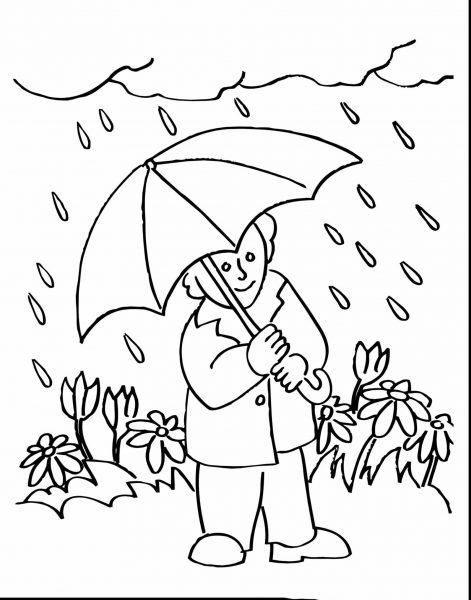 Cậu bé hoạt hình đứng dưới mưa cầm ô che mưa