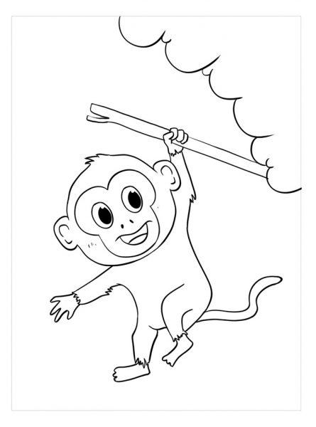 Phim hoạt hình minh họa một con khỉ cầm cành cây trong một tay