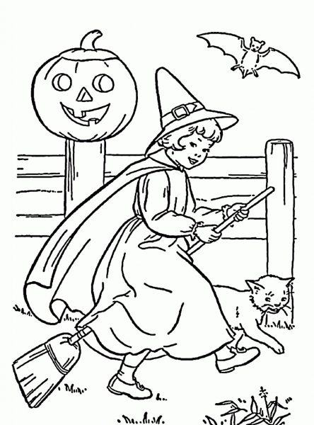 Tranh tô màu phù thủy Halloween cưỡi chổi