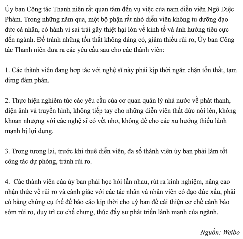 Bản dịch thông báo đóng cửa hoàn toàn Ngô Diệp Phàm và Ban Công tác Thanh niên