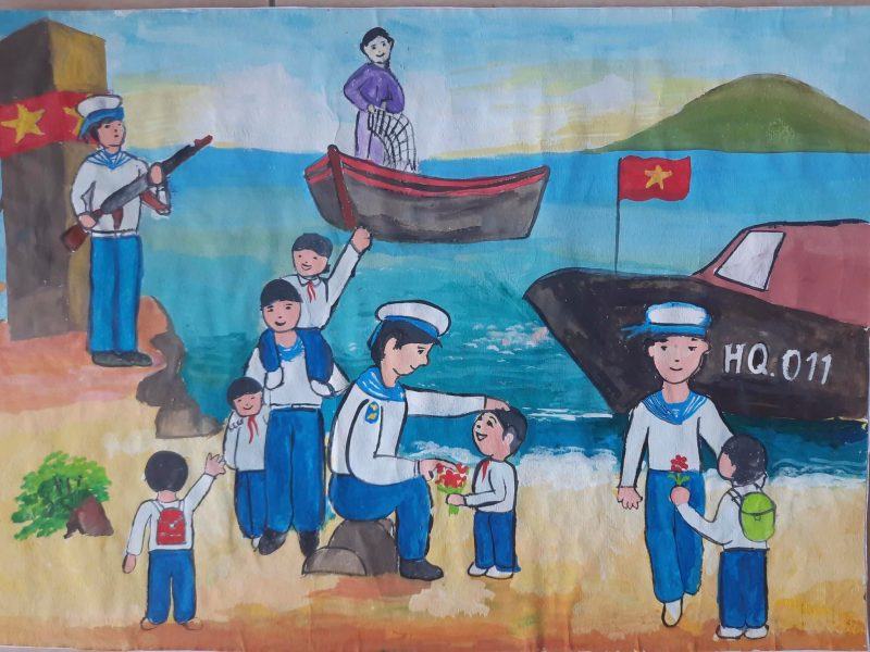 Vẽ với tựa đề Em tự hào là công dân Việt Nam, em ra đảo thăm bộ đội hải quân.