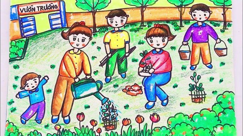 Vẽ tranh về chủ đề lao động và trồng cây trong vườn trường