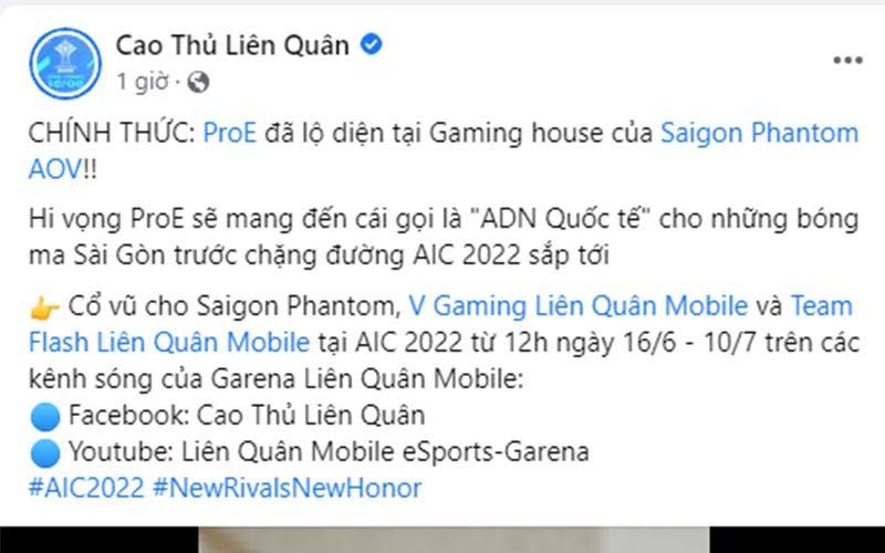 Trang cá nhân của game thủ Liên Quân chia sẻ thông tin ProE gia nhập SGP.