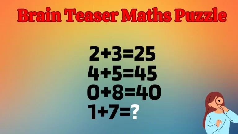 Brain Teaser Maths Puzzle: 2+3=25, 4+5=45, 0+8=40, 1+7=?